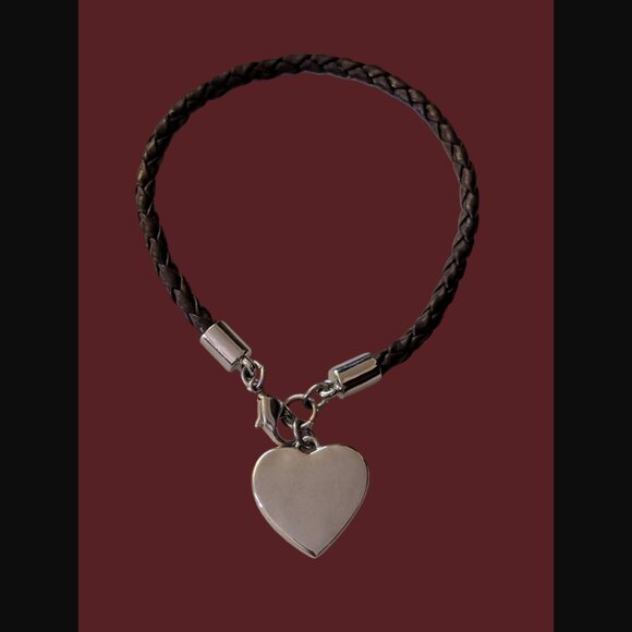 Nine West Braided Leather Band Silver Tone Heart Bangle Bracelet 6.5" - Picture 1 of 10